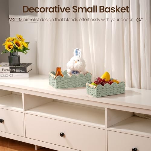 iEGrow Paper Rope Small Storage Baskets for Organizing, Set of 2 Scalloped Edge Wicker Basket with Wooden Handles Toilet Paper Basket for Over Toilet Storage Shelf, Home Decor, Living Room (Green) - Image 7