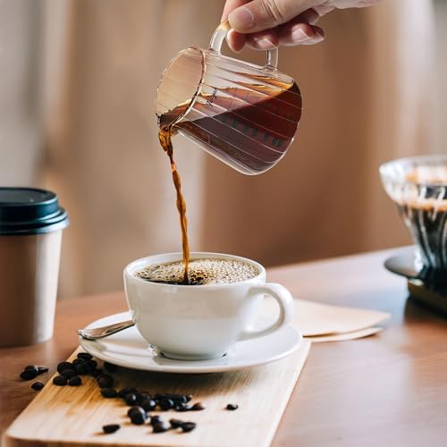 Joeyan 7 oz Glass Measuring Cups with Spout,Borosilicate Large Glass Triple Pitcher with Scale,Origami Style Espresso Shot Glasses with Wood Handle for Coffee Milk - Image 4