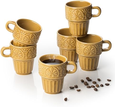 Cappuccino Cups, Espresso Cups, Stackable Mug Set of 6, Ceramic Coffee Mug 6 OZ Khaki for Hot Drinks Milk Dessert, Suitable for Home office Restaurant, Perfect for Holiday & Housewarming Present by LYEOBOH