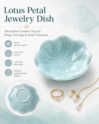 Ceramic Jewelry Dish Tray, Lotus Flower Tray, Elegant Vanity Trinket Holder for Rings Earrings Necklace, Minimalist Decorative Organizer Plate for Nightstand Desk Bathroom, Gift for Women - Image 2