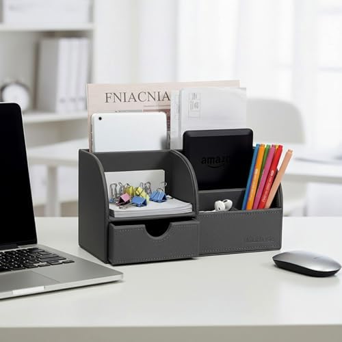 UnionBasic Desk Organizer - Multifunctional Leather Desktop Pen Holder Storage Box - Business Card/Pen/Pencil/Mobile Phone/Stationery Holder, Taiga Dark Gray - Image 5