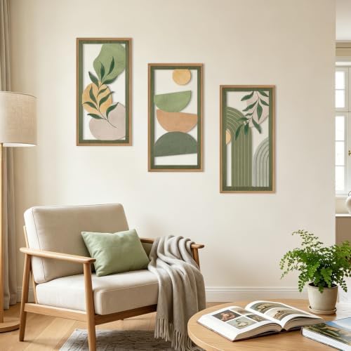 IARTTOP Boho Sage Green Wood Wall Art Framed 12X24 Inch Mid Century Minimalist Botanical Artwork Abstract Geometric Line Wall Decor for Living room Bedroom Set of 3 - Image 3