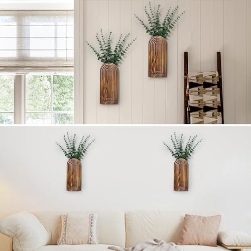 Wooden Wall Planter Vase Set of 2, Boho Hanging Planter for Indoor Plants & Flowers, Natural Wood Wall-Mounted Planters for Art Home Decor - Living Room, Bedroom, Bathroom, Patio (Brown) - Image 3