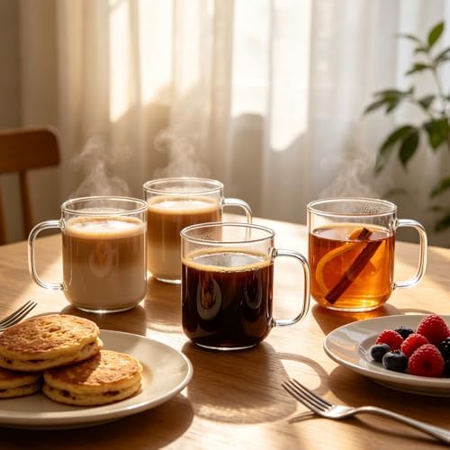 Glass Coffee Mugs, 14 oz Ice Coffee Cups Set of 4, Large Clear Tea Cups, Glass Mugs with Handles for Hot Beverages, Glass Cups for Latte, Cappuccino, and Tea - Image 4