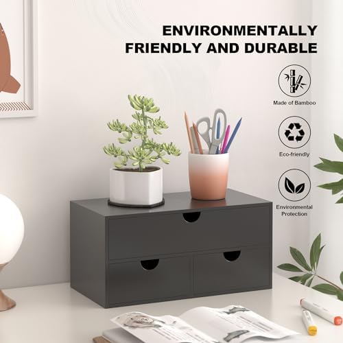 Bamboo Desk Organizer with Drawers Desktop Storage Drawers for Bills Office Supplies Kitchen Utensils Organizing Tool for Home Classroom Organization No Assembly (Black) - Image 4