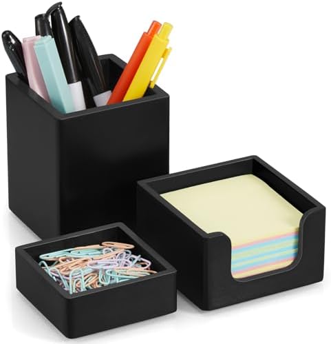 Black Desk Organizer Set of 3 - Wood Office Desk Accessories - Desk Organizers and Accessories for Women Men - Set incl. Pencil Pen Holder, Paperclip Storage and Sticky Note Holder by Unknown