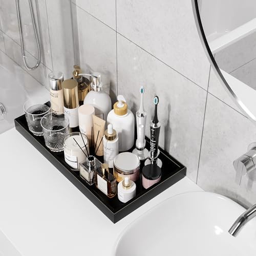 ZHWS Black Bathroom Vanity Tray for Countertop Perfume Makeup Jewelry Candle Decor, Kitchen Tray for Soap Dispenser Spice Salt, Large Black Tray for Toilet Tank Paper, Serving Nightstand 13”x6.5” - Image 3