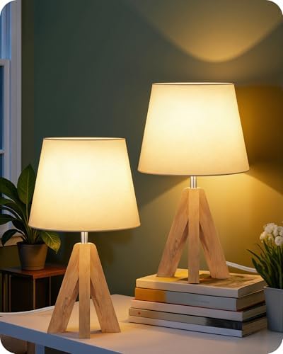 Wood Bedside Lamps Set of 2, Small Tripod Table Lamp, Modern Nightstand Lamp with Fabric Shade, Boho Bedside Wood Desk Lamp for Bedroom, Kids Room, Living Room, Study, White W51TLP205 by GOEBLESON