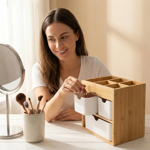 Small Bamboo Makeup Organizer（5.7" D x 8" W x 7.5" H） - Image 4