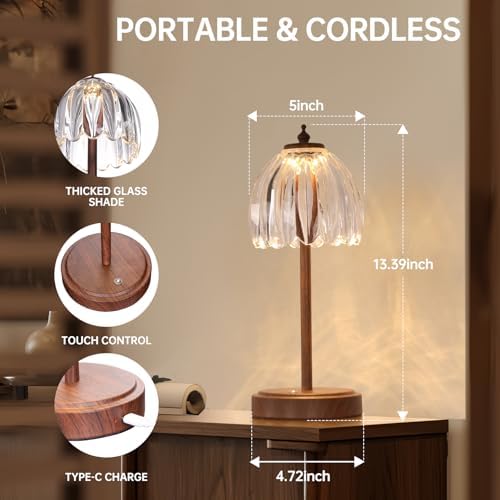 Shenmoyl Tulip Table Lamp with 5200mAh Battery & Touch Control, Small Cordless Table Lamp with 3 Colors, Rechargeable Battery Operated Table Lamps for Bedroom, Desk, Bedside (Transparent-Walnut Color) - Image 6