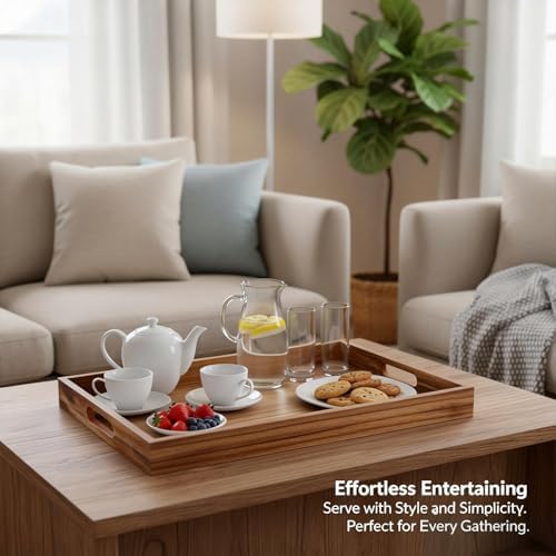 Krismax Wooden Serving Tray with Handles, Rustic Brown Rectangular Serving Platter 15.7x11.4 Inch for Coffee Table, Decorative Storage Tray - Image 7