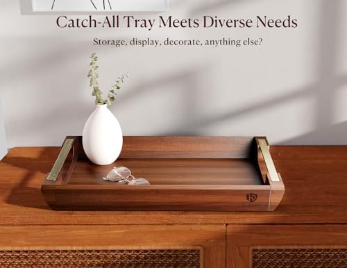 Acacia Wood Serving Tray with Metal Handles, 17x13in Large Ottoman Tray, Food Drinks Tray for Coffee Table, Breakfast, Dinner & Bar, Rustic Decorative Tray for Kitchen, Bedroom Gift Box - Image 5