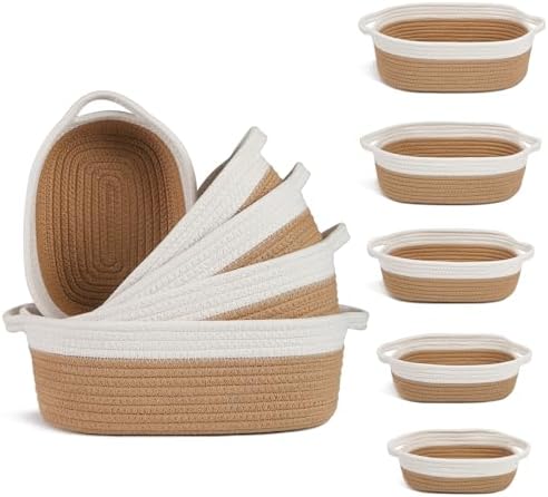 VOOWO Set of 5 Woven Rope Baskets for Storage, Organizing, Nursery, Shelves - Small Baskets for Gifts Empty (Off White & Jute) by VOOWO