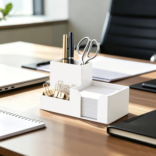 HBlife Acrylic Pen Holder for Desk, 3-Compartment Small Desk Organizer, White Office Supplies Desk Accessories with Sticky Notes Holder Stores Post It Notes 3X3 for Office, Home and School - Image 6