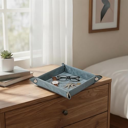 Valet Tray Desktop Storage Organizer – Vegan Leather Catchall Bedside Vanity Tray Nightstand Caddy Holder for Remote Controller, Watch, Keys, Phone, Wallet, Coin, Jewelry, Stone Blue - Image 5