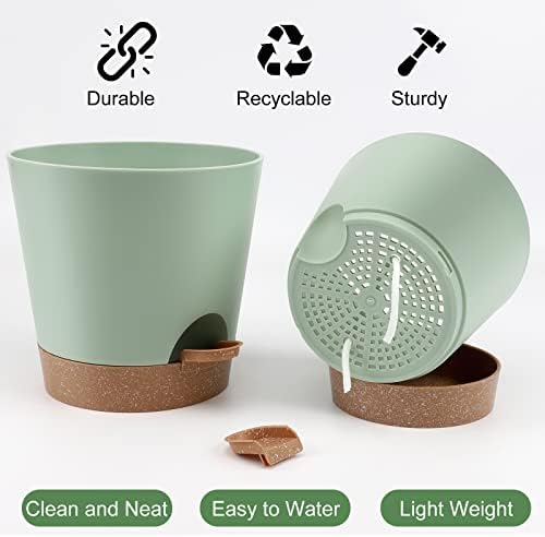 YNNICO Indoor Self Watering Planters with Drainage Holes and Saucers, 8, 7, 6.5, 6, 5.5, 5 Inches, Green, 6 Pots. - Image 3