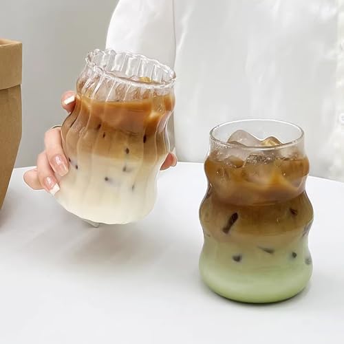 Vintage Ribbed Glassware Water Tumbler, 18 oz Aesthetic Ripple Glass Tumbler, Ripple Glassware Coffee Cup, Cute Glass Tumbler for Iced Coffee Juice Drink Milk (big stripes-Small Mouth) - Image 6