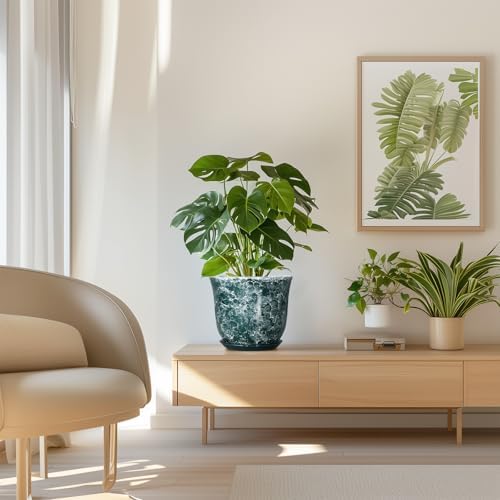 8 Inch Plant Pot - Ceramic Planter with Drainage Hole and Saucer, Round Planter for Indoor Outdoor, Modern Planters, Decorative Flower Pots, Office Room Home Decor, Plant Lover Gifts, Green - Image 7