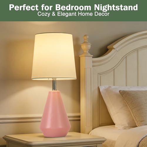 Small Bedside Table Lamp for Bedroom-Reading Desk Lamp Set of 2,with 3 Color Temperatures,15.5" Nightstand Ceramic Lamp with Fabric Shade for Kids Room,Living Room,Dorm,Home Office(Pink+White) - Image 3