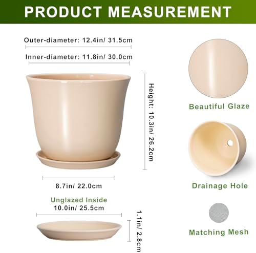 Ceramic Plant Pots, 12 Inch Plant Pot with Drainage, Beige - Image 2