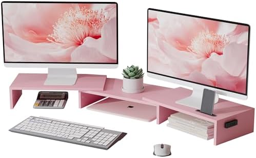 BONTEC Dual Monitor Stand Riser, Adjustable Length & Swivel Angle, Pink by BONTEC
