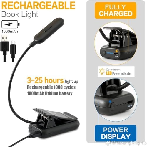 VAVOFO Clip On Rechargeable Reading Light, 7 LEDs with 3 Colortemperature 9 Brightness Levels Book Lights for Reading in Bed with Power Indicator for Bookworms (2 Pack Black) - Image 4