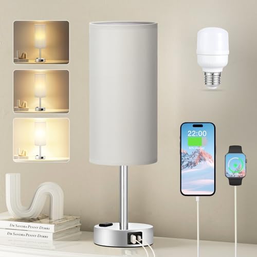 Fenmzee Grey Bedside Lamp for Bedroom, Dimmable Touch, USB A+C, AC Outlet by Fenmzeelighting