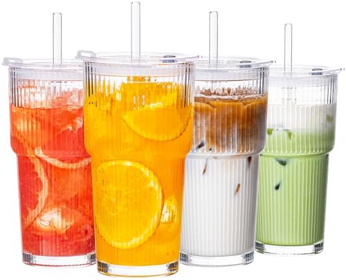 20oz Iced Coffee Cups with Lids, Glass Coffee Cups with Lids and Straws, 4P by VA1KENE