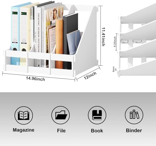 Bamboo Desk File Organizer, 3 Compartment Magazine Holder for Home Office(White) - Image 3