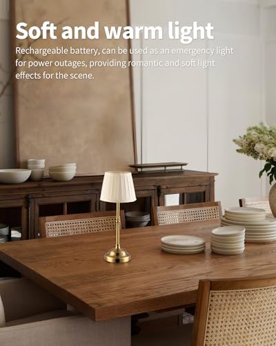 KDG Gold Cordless Portable LED Table Lamp, Beige Fabric Shade Desk Lamp - Image 3