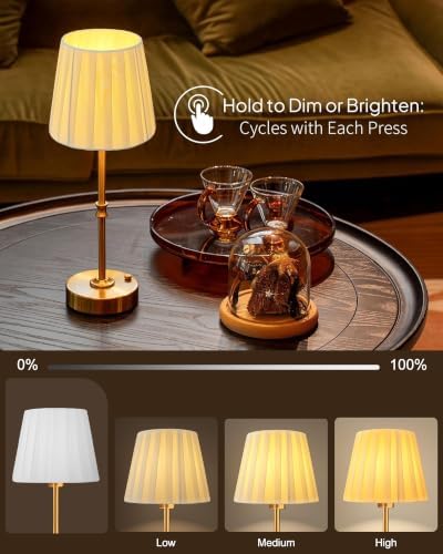 EppieBasic Cordless Table Lamp Rechargeable: Fast Charging & Long Lasting - 2700K Warm Light Small Vintage Gold Lamps -Bedside Dinning Living Room Bedroom - Pleated Shade - Image 6
