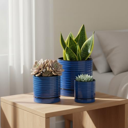 HASENSE Ceramic Pot for Indoor Plant, 8+6+4.6 Inch Planter with Drainage Holes and Saucer, Reactive Glaze Blue Flower Pots for Home Office Decor, Set of 3 - Image 5