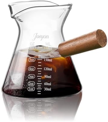 Joeyan 6 oz Glass Measuring Cup with Double Spouts,Clear Borosilicate Espresso Shot Glasses with Wooden Handle,Milk Creamer Frothing Pitcher Barista Coffee Carafe by JoeyanHousehold