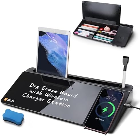 SELEAD Desktop Glass Whiteboard with Wireless Charger and Storage, Black by SELEAD