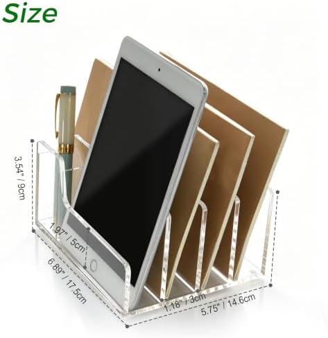 Acrylic Mail Organizer for Desk, 5 Compartments Letter Sorter with Pen Holder, Clear Desktop File Folder & Notebook Holder, Cute Office Supplies Organizer for Home Office School - Image 2