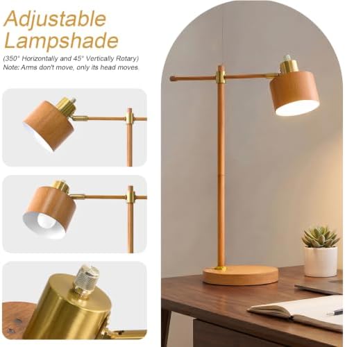 OYEARS 22.2" Mid Century Desk Lamp, Modern Metal Table Lamp with LED Bulb, Adjustable Reading Lamps, Industrial Task Lamp for Home Office, Farmhouse Bedside Lamps with Solid Base, Woodgrain - Image 2