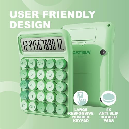 CATIGA Mechanical Switch Calculator, Green Calculator with 12 Digit Large LCD Display & Big Buttons for Office Desk, Classroom Math, Back to School Supplies, Cute Aesthetic Desk Accessories - Image 3