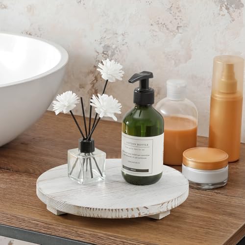 Small Round Decorative Tray White Washed Wood Bathroom Counter Organizer Pedestal Stand Farmhouse Kitchen Decor Wooden Riser for Soap Dish, Perfume, Candle, Sponge, 9" - Image 6