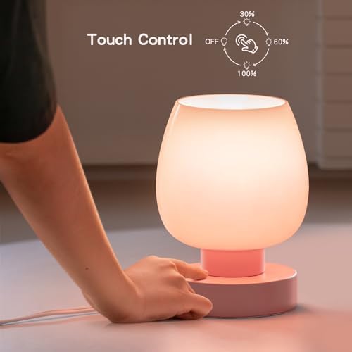 Touch Bedside Table Lamp - Pink Small Lamp for Bedroom with USB C+A Charging Ports 3 Way Dimmable, Nightstand Desk lamp with Glass Lamp Shade Warm LED Bulb Included, Simple Design Christmas - Image 3