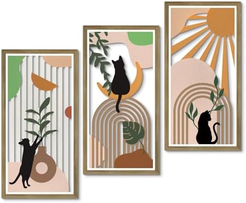 Putuo Decor Boho Wall Decor Set of 3, Abstract Boho Cat Wall Art, Mid Century Modern Black Wall Decr for Cat Lovers Home Bedroom Living Room Office by PUTUODECOR