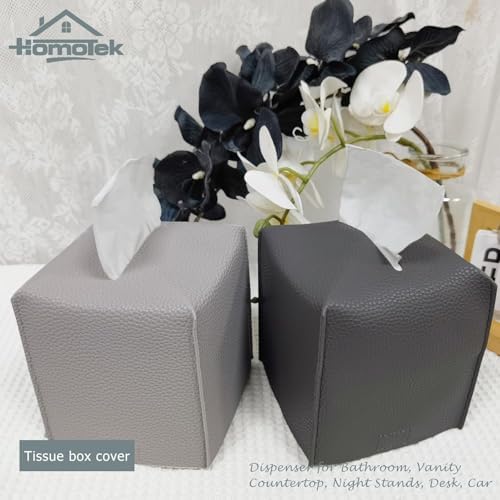 HOMOTEK 1 Pack Tissue Box Cover, Square PU Leather Tissue Holder, Decorative Facial Tissue Cube Paper Organizer Dispenser for Bathroom, Night Stands, Desk, Car 5X5X5'' - Beige, Pebble Grain - Image 5