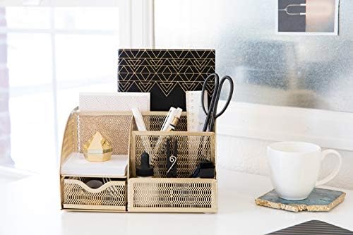 BLU MONACO | Gold Desk Organizer with Drawer | Metal Desktop Caddy with Six Compartments for Office Supplies | Stylish Desk Organizers and Accessories for Home or Office - Image 2