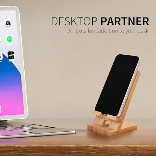 Wood Phone Stand with Mirror, Desktop Wooden Phone Holder, Portable Office Phone Stand for Desk, Wood ipad Stand， Compatible with iPhone & All Cell Phones(Bamboo wiht Mirror) - Image 5