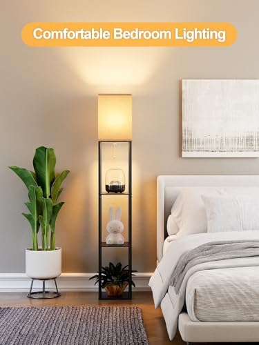 Floor Lamp with Shelves for Living Room, Shelf Floor Lamp with 3 CCT LED Bulb, Corner Display Standing Column Lamp Etagere Organizer Tower Nightstand with White Linen Shade for Bedroom, Office - Image 6