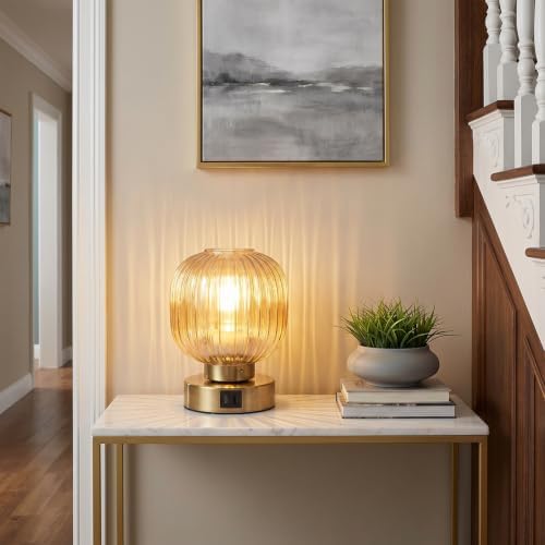 Elenhome Touch Small Table Lamp,Elegant Gold Glass Bedside Lamp 3 Way Dimmable with USB C+A Charging Ports - Bedroom Nightstand & Living Room Essential, 4W Bulb Included (Gold) - Image 6