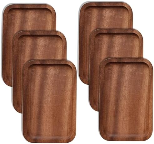 6 Pack Solid Wood Serving Platters and Trays of Natural Wood with Edge,Rectangular Avoid Sliding and Spilling Food by Linwnil
