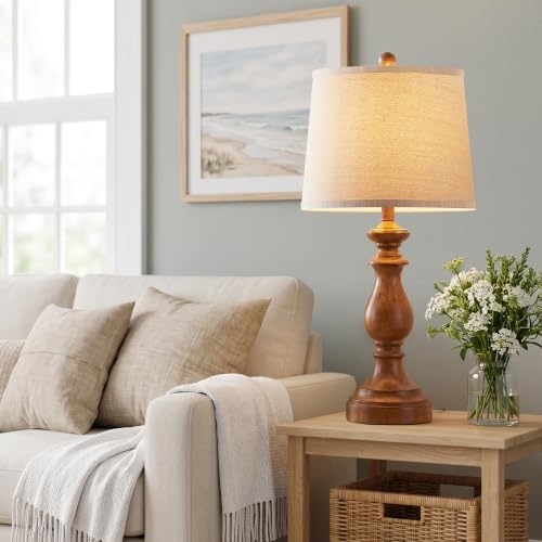 PARTPHONER Traditional Table Lamp Set of 2, Rustic Farmhouse Table Lamps for Living Room Bedroom, 27" Bedside Desk Lamps Vintage Nightstand Lamps with Linen Shades, Wood Grain - Image 5