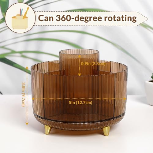 SKYDUE Rotating Pencil Pen Holder, Pen Organizer with 5 Slots - Aesthetic Desk Organizer and Accessories for School, Home, Office Supplies, Clear Tawny - Image 2