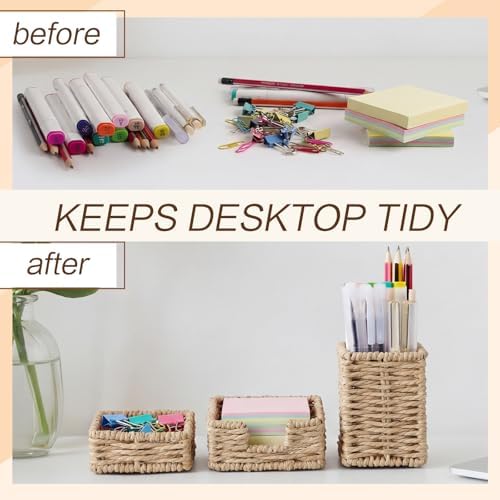 Khaki Paper Rope Woven Desk Organizer Set of 3 Natural Desktop Accessories Pencil Pen Cup Paper Clip Storage and Sticky Note Holder for Women Men Farmhouse Office Home Desktop Table Decor - Image 3