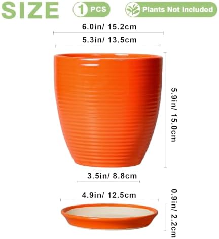 6 Inch Ceramic Plant Pots with Drainage Hole and Saucer, Orange - Image 2